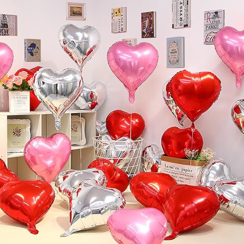 Jangostor 60 Pezzo Palloncini in Foil a Forma di Cuore, 25cm Rosso&Rosa&Argento per San Valentino, Compleanno, Fidanzamento e Festa di Nozze
