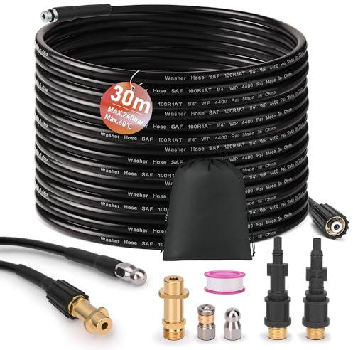 Tuyau de nettoyage de canalisations de 30 m avec 3 adaptateurs, 2 buses rigides et rotatives, kit de nettoyage de canalisations pour K2-K7, LAVOR, Bosch, Parkside, nettoyeur haute pression, tuyau 240