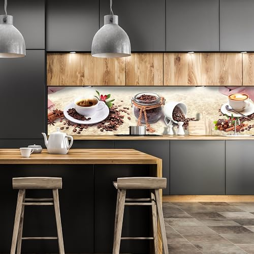 wandmotiv24 Küchenrückwand Kaffee Tasse Glas Schokolade Haselnuss 240 x 60cm (B x H) - Selbstklebende PET-Folie Nischenrückwand, Spritzschutz, Fliesenspiegel-Ersatz, Deko Küche Vanille M1170