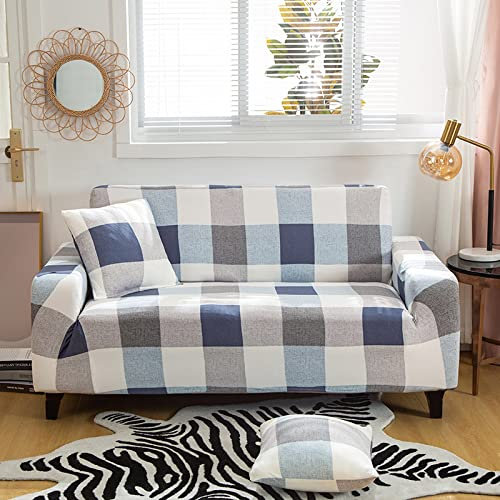 Sofaschoner Blau Weiß Sofaüberwurf Weich Spandex Sofaschoner rutschfest Couch Überwurf Waschbare Sofa Überzug Sofabezug mit Elastischen Riemen Sofabezug L Form Pflegeleicht 2 Sitzer