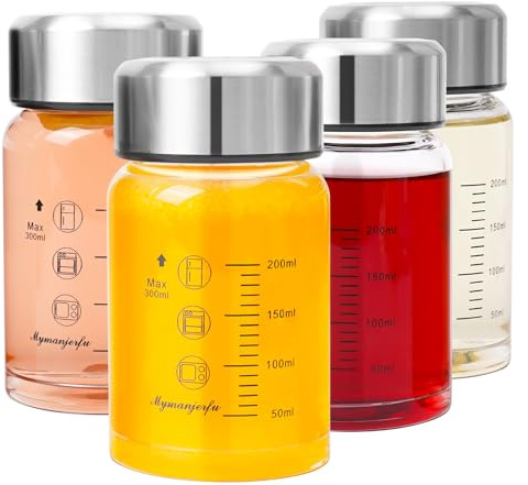 Mymanjerfu Glasflasche 300ml mit Deckel - 4er Pack, Trinkflasche Glas aus Borosilikatglas - Saftflasche, Smoothie & Shaker Becher - Bruchsicher, Spülmaschinenfest & BPA-Frei
