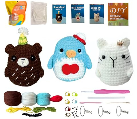 51buyoutgo 3 Stück Häkelset für Anfänger Kinder Erwachsene Tiere mit Wolle und Anleitung, Amigurumi Häkeln für Anfänger Crochet Heckel set, Video-Tutorial Einbeziehen（Tierbär, Pinguin, Katze）