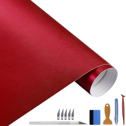 NewL Matt-Gebürst.-Edelstahl Chrom-Metallic Autofolie Rot 30x300 cm | Satin-Gebürst.-Optik, Montagewerkz. inkl., Luftablass-Technik, dehnbar, neu positionierb. Kleber, für Motor Laptop Möbel