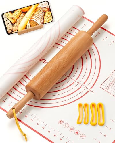Classic Wood Rolling Pin, 17 Rolling Pins for Baking with Silicone Mat and Adjustable Thickness Rings, Pasta Roller with Wood Base, Fondant Roller for Pie Crust, Cookies, Pizza Dough and Bread