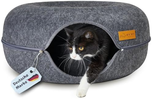 Katzentunnel rund aus Filz mit flauschigem waschbarem Kissen Katzenhöhle & Katzenbett flauschig Donut Katzenkörbchen als gemütlicher Schlafplatz für Katzen 50x50x24 Anthrazit