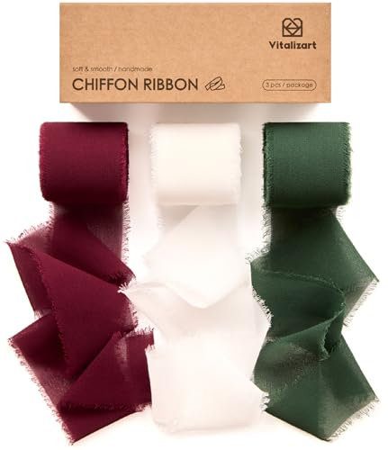 Vitalizart Geschenkband Rot & Weiß & Grün 3,8 cm x 19,2 m Schleifenband | Chiffonband Breit 6,4 m x 3 Rollen Stoffband Set für Hochzeitseinladungen, Brautsträuße, Geschenke, Verpackungen, DIY-Basteln