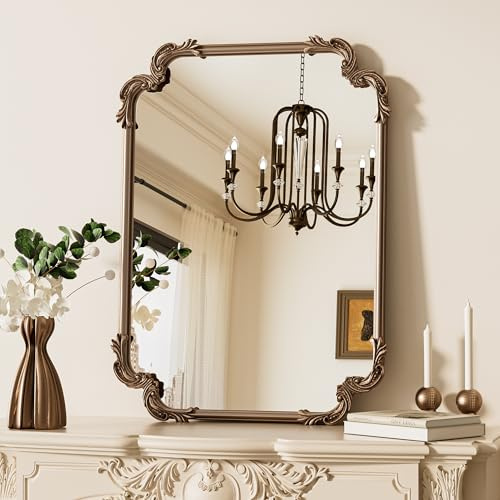 TETOTE Vintage Baroque Gold Rectangle Mirror for Wall 22 x 30 Antique Brass Scroll Frame French Mantle Mirror for Fireplace Bathroom Living Room Bedroom Decor, Horizontal/Vertical