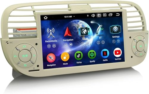 Erisin Android 16 8-Core 4GB RAM+64GB ROM Car Stereo GPS Sat Nav for Fiat 500 500C 500S 500E 7 Inch IPS Screen Supports Wireless CarPlay Android Auto DSP DAB+ Bluetooth 5.0 WiFi 4G DSP OBD2 Canbus