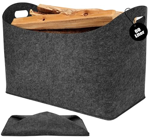 PEILU Groß Filz Holzkörbe, 60 Liter Einkaufstaschen, Faltbare Feuerholzkorb | 2 Stück Kaminholztasche mit Griff, Dunkelgrau Holztasche bis 60KG, Vliesstoff Aufbewahrungtasche für Brennholz & Einkaufen