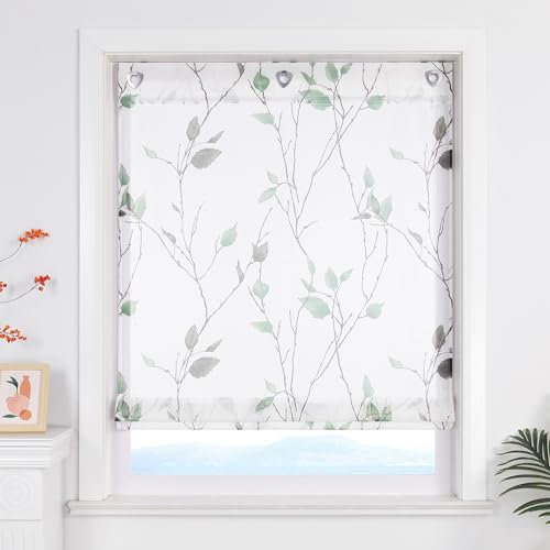 ESLIR Raffrollo ohne Bohren Landhaus Gardinen Küche Transparent Raffgardinen mit Ösen Weiß Wohnzimmer Bändchenrollo mit Blattdesign Grün BxH 60x140 cm 1 Stück