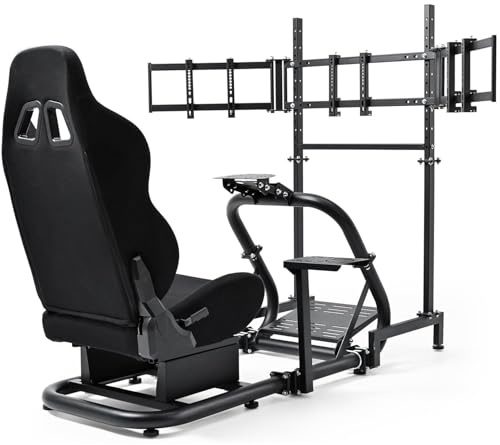Dardoo Racing Simulator Cockpit with Triple Monitor Stand and Black Seat Fit for Logitech G29 G920 G923, for Thrustmaster T300RS, for Fanatec CSL-DD, No Steering Wheel,Pedal,Handbrake