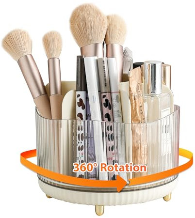 Veki Organizador de Maquillaje Giratorio 360°, Organizador Brochas de Maquillaje Multifuncional, Caja de Almacenamiento Cosmético, Almacenaje Cosméticos para Tocador, Dormitorio, Baño (Beige)