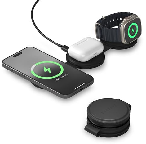 SATECHI OntheGo 3 en 1 Cargador Inalámbrico Qi2 15W, Negro | 15W para iPhone, 5W para Apple Watch y AirPods, diseño compacto para viajes, compatible con iPhone 17 a 12 y más