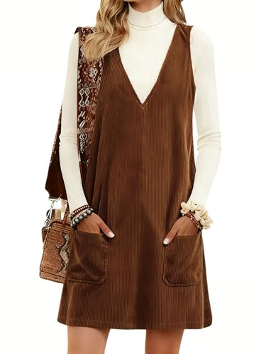 Hooever Women Corduroy Overall Dress V Neck A Line Skirtall Jumper Mini Dress Pinafore with Pockets (Khaki-M)