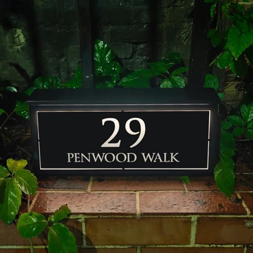 Letrero de número de casa exterior personalizado con luz solar LED para casa, iluminación 3D, dirección al aire libre, nombre, puerta de calle (diseño E)