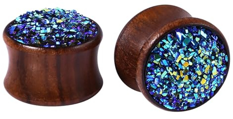 Calefee Dilatatori Lobo 20mm, Tappi per Orecchie Legno con Brillantini Blu, Flesh Tunnel Piercing 2 Pezzi