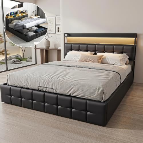 HYTKKBD Letto Imbottito 160 x 200 cm, Struttura per Letto Matrimoniale con LED e USB, Testiera con Vano Portaoggetti, Rete a Doghe, Contenitore per Letto Elevatore, Senza Materasso (PU nero)