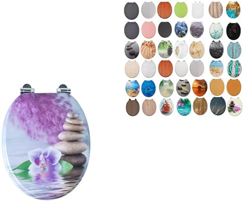 18 MDF Toilet Seat Universal Adjustable Fit Most Toilets Oval Seat┃Bathroom Standard Wooden MDF Toilet Seat | WC SEAT +Fittings (Orchid & Flowers)