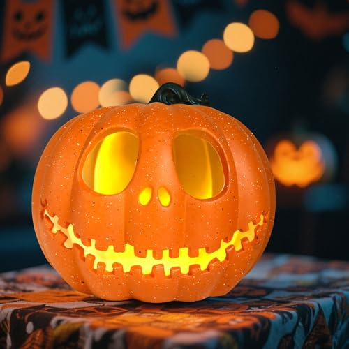 Halloween Deko Kürbis Laterne, 20cm Groß Plastik Kürbis Windlicht LED Pumpkin Halloween Deko Outdoor Pumpkin Windlicht Beleuchtete Kürbislaterne LED Kürbis Deko Outdoor Für Innen Herbstdeko (B)