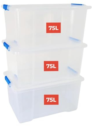 Marco Paul 3 Pack 75L Storage Boxes with Lids Extra Large Clear Plastic Storage Containers Stackable Storage Bins Heavy Duty Home Storage Organiser for Clothes Toys Garage House Move