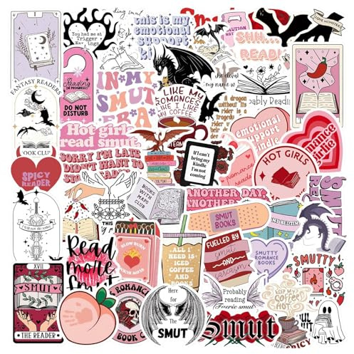 52 Pcs Bookish Smutty Stickers, Funny Kindle Stickers Fantasy | Waterproof Book Sticker for Kindle Fantasy, Aesthetic Decals for Laptop, Computer, Phone, Water Bottle for Teens and Adults