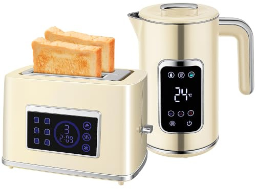 HOMCOM Wasserkocher Toaster Set mit Memory-Funktion Creme | Edelstahl 1,7L 2200W Wasserkocher, 55-90°C Warmhaltefunktion, 2 Scheiben Toaster, 6 Bräunungsstufen, Krümelfach