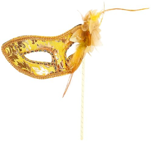 Yardwe Masque de Bal Mascarade à Bâton avec Plume Dorée Demi-masque Tenu Main pour Carnaval Halloween et Cosplay Femme