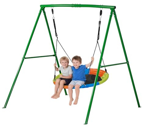 VEVOR Swing Set for Backyard, 40 in Saucer Swing Seat with Heavy Duty A-Frame Metal Stand, 440 lbs Load Capacity, Reinforced with Spiral Ground Anchors, Swingset Outdoor for Kids, Green and Colorful