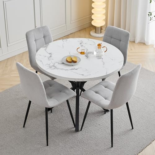 HJhomeheart Esstisch- und Stuhlset, 4 Cord mit Hoher Rückenlehne und EIN 100 cm Langer Moderner Runder Esstisch, Geeignet für Küchen, Esszimmer und Wohnzimmer-Schwarze Tischbeine + Hellgrau