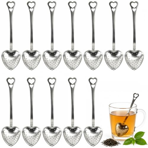 12PCS Heart Shaped Stainless Steel Tea Strainer, Loose Leaf Tea Infuser | Spoon Strainer Filter Herbal Spice Teapot Filter Long Grip Handle Teas Filters Teas Drinking Accessories for Brewing