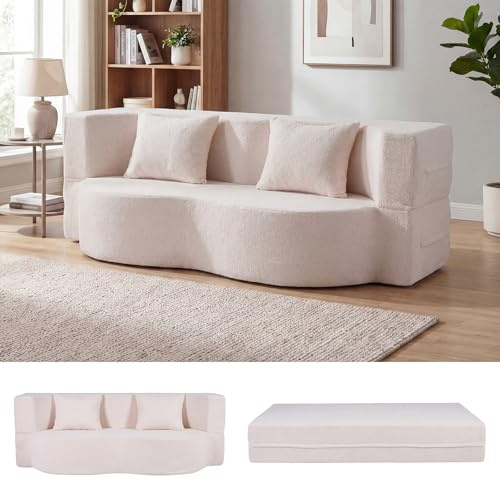 COSTWAY Sofá Cama de 2 Plazas, 192,5 cm, Sofá Convertible en Cama 2 en 1 de Tela de Polar Teddy con 2 Almohadas, sin Montaje, Sofa Comprimido de 2 Plazas sin Marco para Salón Cuarto Invitados (Blanco)