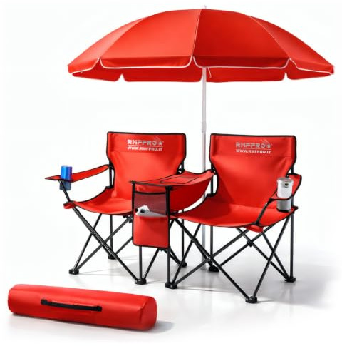 RMF PRO Set avec Parasol et 2 Chaises d'Extérieur idéal pour la Mer ou Le Camping, avec Glacière Centrale et Porte-Boissons - Idéal Aussi pour la Pêche, Structure en Acier avec Housse Transport Rouge