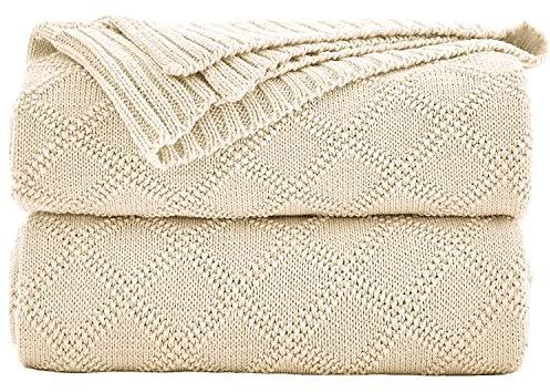 SHADDOCK Baumwolle Gestrickte Decke 4 Jahreszeiten Bettdecke- 130x180cm Ultra Weiche überwurf Decke Wohn-Kuscheldecke für Baby Couch Bett Sofa Stuhl Auto Büro (Rautenmuster, Beige)