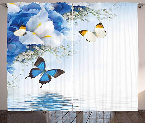 ABAKUHAUS Schmetterlinge Rustikaler Gardine, Exotische Blumen Teich, Schlafzimmer Kräuselband Vorhang mit Schlaufen und Haken, 280 x 225 cm, Gelb Blau
