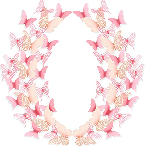 Outus 144 Pieces 3D Butterfly Wall Stickers Decor 3 Styles Butterfly Decals DIY Decorative Wall Art Cutouts Crafts Removable for Room Wedding Flower Party Decorations,(Pink)