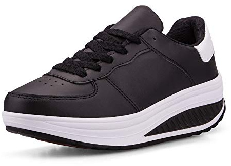 Women Wedge Heeled Fashion Sneaker Faux Leather Platform Shoes Rocker Sole Walking Shoes Lace Up Fitness Shoes Black/White 6 UK