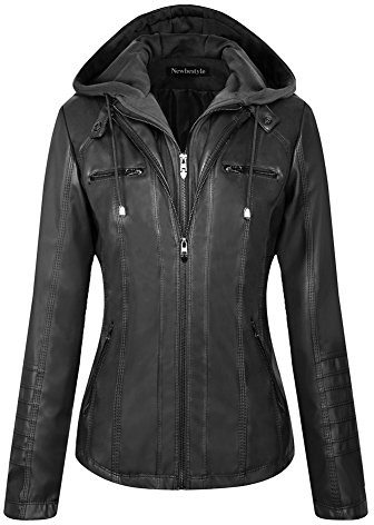 Newbestyle Veste Cuir Femme Fermeture Éclair Manteaux à Capuche Court Veste Blousons femme,black,S