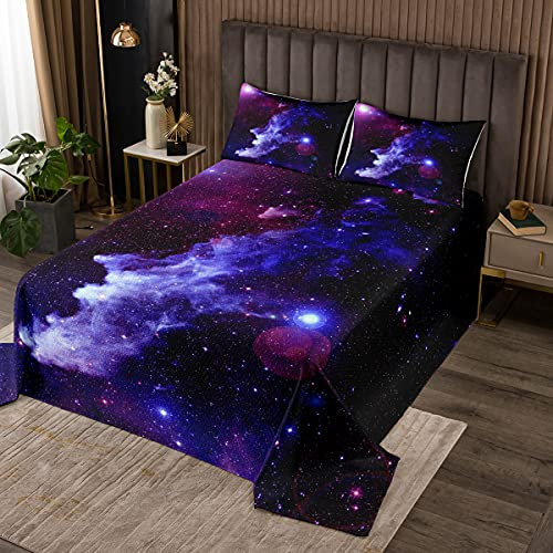 3D Galaxy Steppdecke 220x240cm Universum Sternenklarer Himmel Drucken Bettüberwurf Lila Blau für Kinder Jungen Mädchen Dekorative weiche Mikrofaser Tagesdecke mit 2 Kissenbezug
