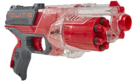 NERF Elite Disrupter Blaster – 6-Dart rotierende Trommel, 6 offizielle Elite Darts, Slam Fire, durchscheinendes Rot (exklusiv von Amazon)