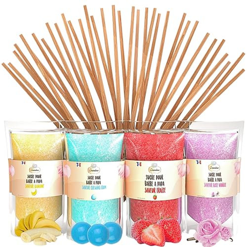 GREENDOSO® Sucre Barbe à Papa pour Machine (4x320 gr) – Lot de 4 Goûts (Fraise/Chewing Gum/Banane/Vanille) – 50 Bâtonnets
