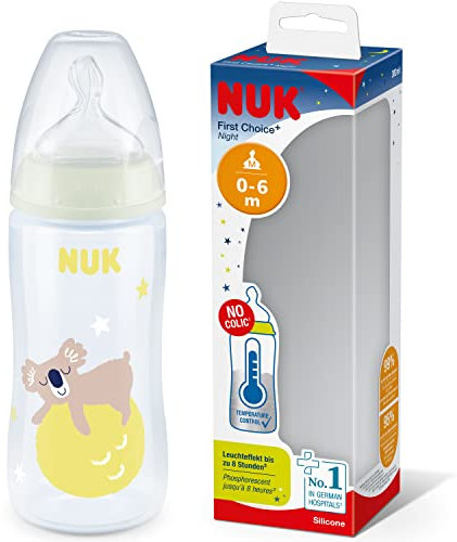 NUK First Choice+ Night Babyflasche | 0–6 Monate | Leuchtet im Dunkeln | Temperature Control | Anti-Colic-Ventil | 300 ml | BPA-frei | Silikon-Trinksauger | Koala