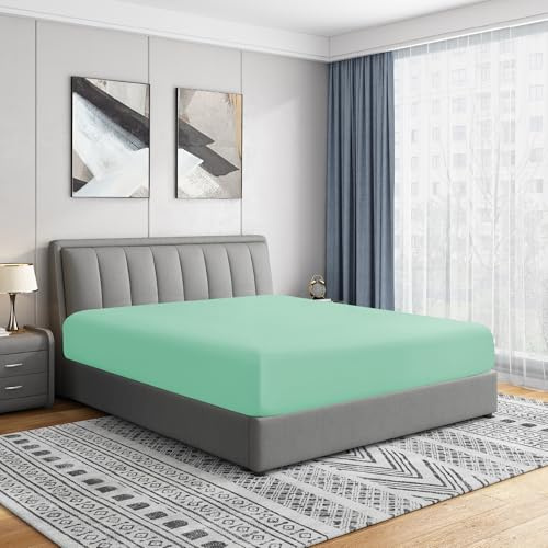 Cathay Home Luxury Wrinkle and Fade Resistant Double Brushed Ultra Soft Microfiber 14-Inch Standard Pocket Single Fitted Sheet, Sea Foam, Queen