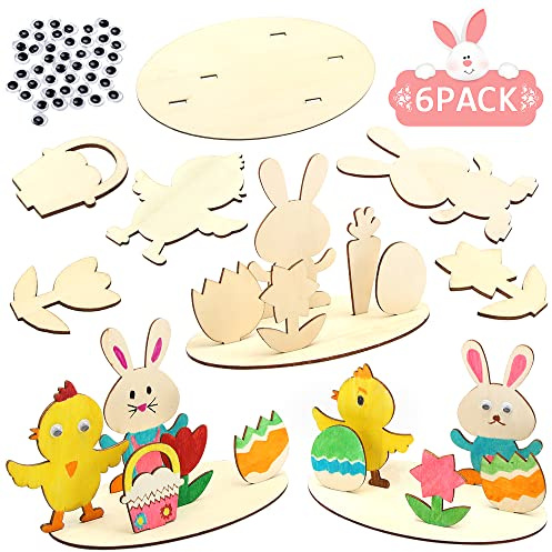 Sprinlot Hasen und Küken aus Holz zum Bemalen, DIY Osterhase Deko mit Bunte Mini Pompons und Kulleraugen, 3D Osterhase Bastelset, Holz Bastelset für Bastelzubehör Dekorationen