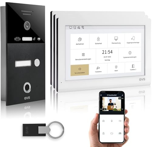 GVS - IP Video Türsprechanlage mit Türöffner, Fingerprint & RFID, HD Kamera, 3X 10 Zoll Monitor & App - Smarte Video Türklingel mit Kamera & Gegensprechanlage für 1 Familienhaus (AVS5447U)
