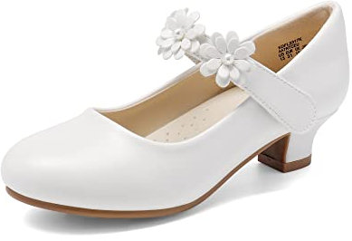 DREAM PAIRS Girls Mary Jane Shiny Bow Dress Shoes Pumps Low Heels Flower Glitter Party Wedding Princess,Size 3 Big Kid,White,SDFL2317K