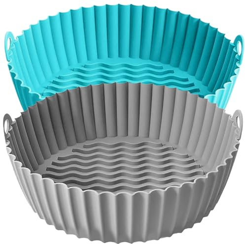 KIFT Silikon-Luftfritteuseneinlagen, 19.8 cm, 2 Stück, rund, wiederverwendbar, für 3.4–6.8 l, Korbschale, nicht brennbare Einsätze, Mikrowelle, Ofen, Ersatz von Pergamentpapier, Grau und Cyan