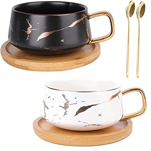 RANARA Ceramic Coffee Milk Cup,Personalised Mug Cute,2 Pack Ceramic Tea Coffee Cup, 300ml Coffee Mug with 304 Stainless Steel Spoon and Saucer,White and Black