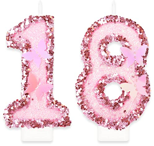 Geburtstagskerzen Zahlen 18, Schmetterling Kerzen Geburtstag, Personalisierte Manuell Geburtstagskerzen, Rosa Pailletten Kuchendeko, Tortendeko 18 Geburtstag für Frauen Mädchen Geburtstags Jubiläum