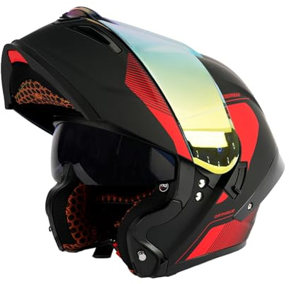 Orthrus Modular LED Full Face Motorcycle Helmet - DOT Approved Flip-Up Dual Visor Sun Shield & Bluetooth Ready for Adults Men Women - Street Bike/Motocross (Dobermann Red, XL)