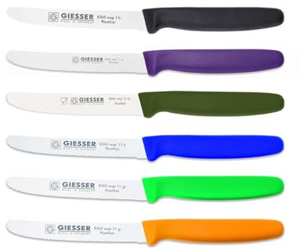 Giesser Messer 6er Set bunt Tomatenmesser Brötchenmesser Allzweckmesser 11cm Wellenschliff 3mm - schwarz violett olive blau grün gelb